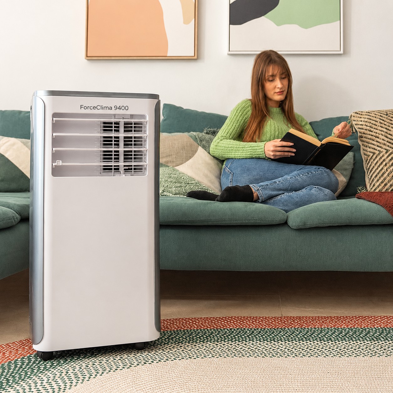 ForceClima 9400 9000 BTU Climatiseur portable 4-en-1 avec chauffage, déshumidification, LED, télécommande, couverture 20 m²