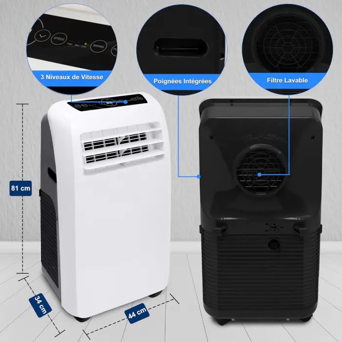 Climatiseur mobile 9000 BTU réversible 4 en 1 avec chauffage, jusqu’à 41 m², déshumidificateur, télécommande, blanc