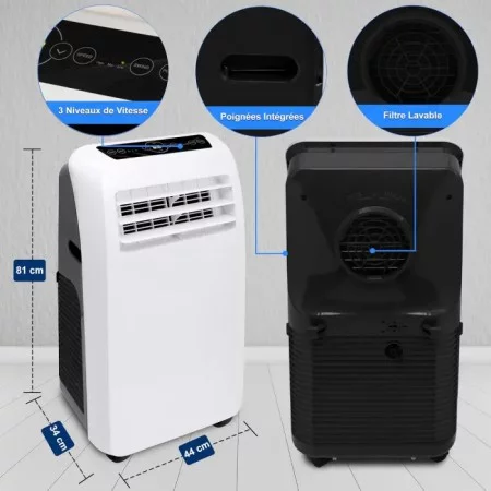Climatiseur mobile 9000 BTU réversible 4 en 1 avec chauffage, jusqu’à 41 m², déshumidificateur, télécommande, blanc