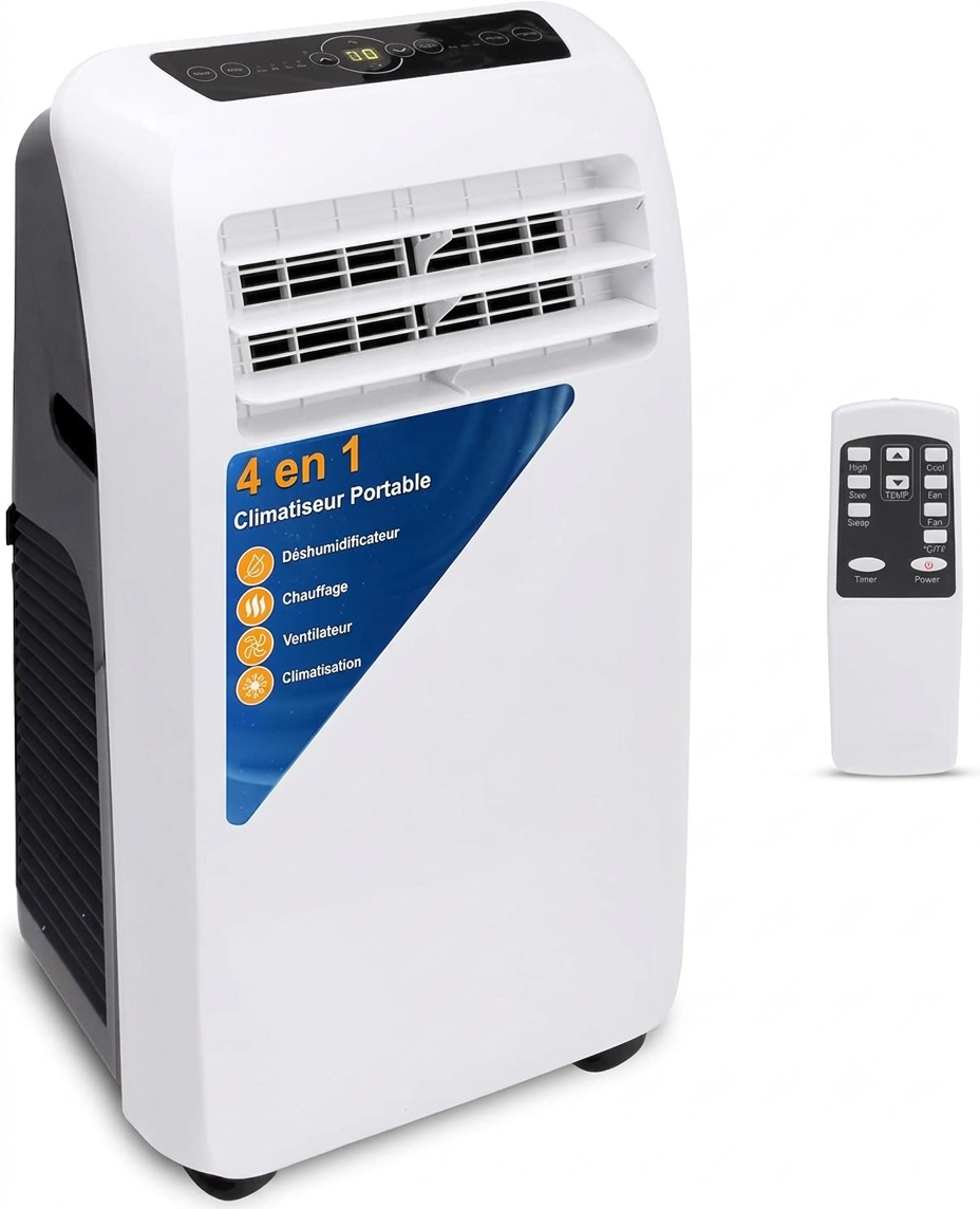 Climatiseur mobile 9000 BTU réversible 4 en 1 avec chauffage, jusqu’à 41 m², déshumidificateur, télécommande, blanc
