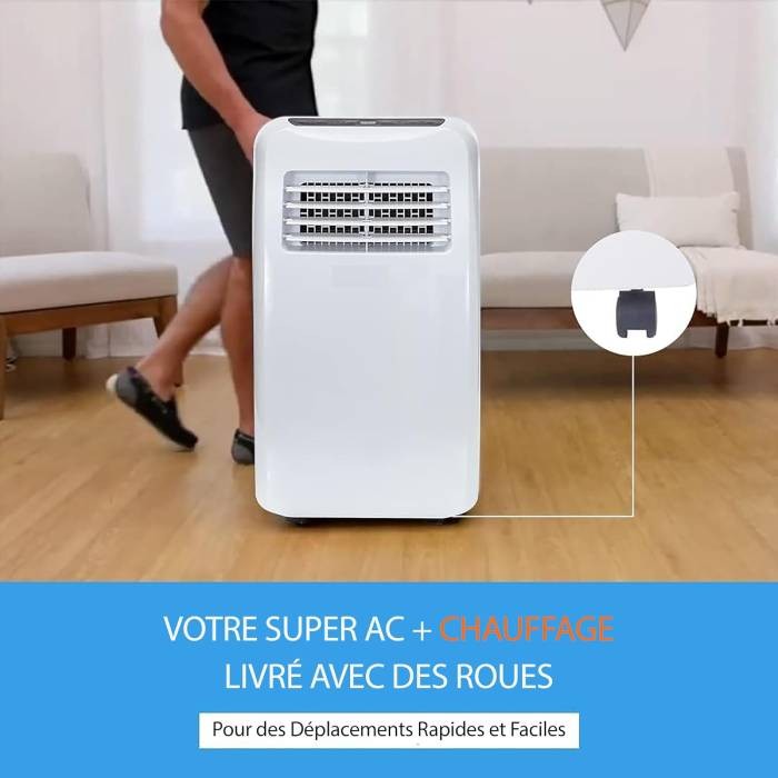 Climatiseur mobile 9000 BTU réversible 4 en 1 avec chauffage, jusqu’à 41 m², déshumidificateur, télécommande, blanc