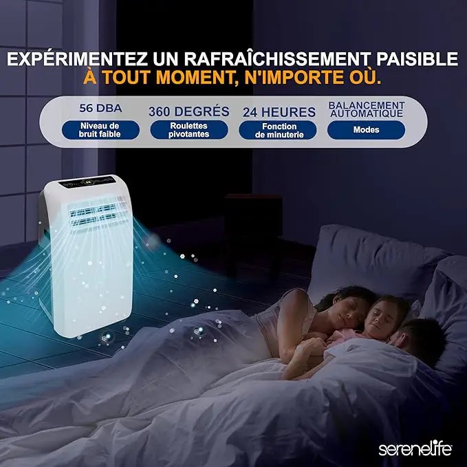 Climatiseur mobile 9000 BTU réversible 4 en 1 avec chauffage, jusqu’à 41 m², déshumidificateur, télécommande, blanc
