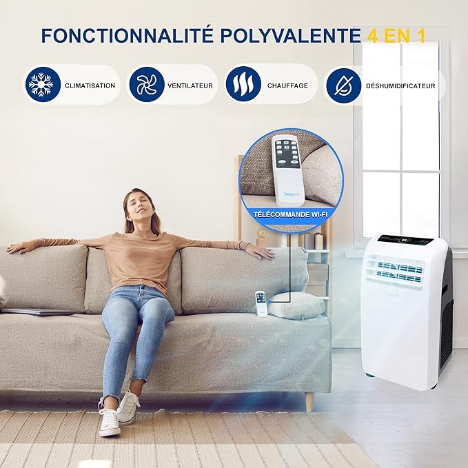 Climatiseur mobile 9000 BTU réversible 4 en 1 avec chauffage, jusqu’à 41 m², déshumidificateur, télécommande, blanc