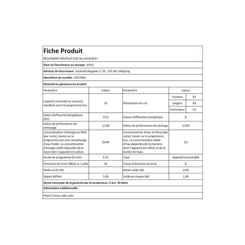 Lave vaisselle Asko DSD746U ENCASTRABLE 60 CM
