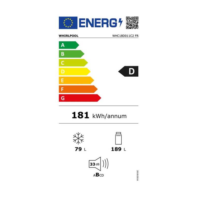 Réfrigérateur congélateur en bas Whirlpool WHC18D011C2FR ENCASTRABLE 178 CM