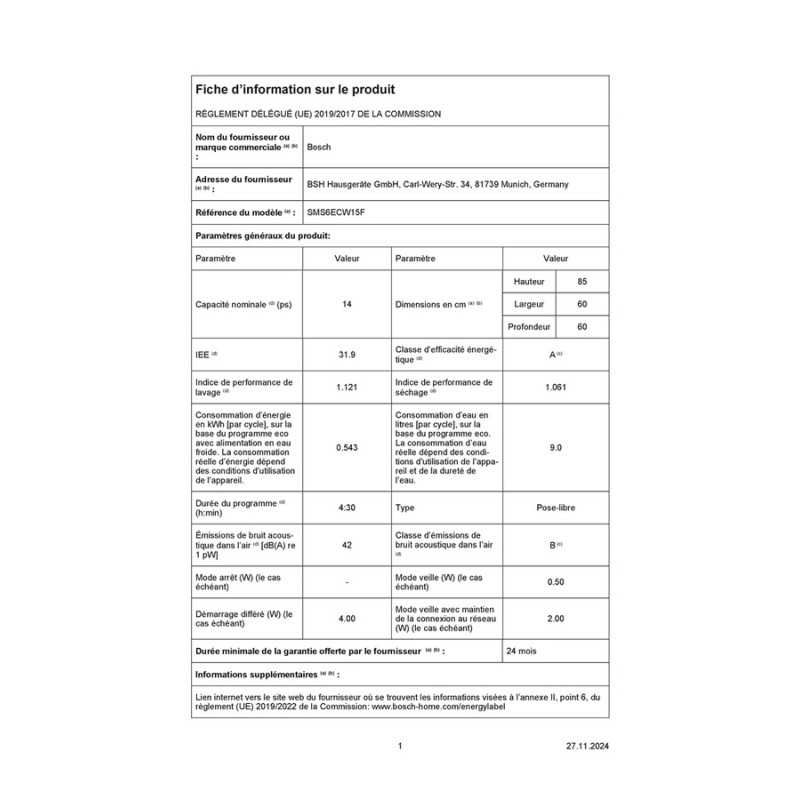 Lave vaisselle pose libre Bosch SMS6ECW15F