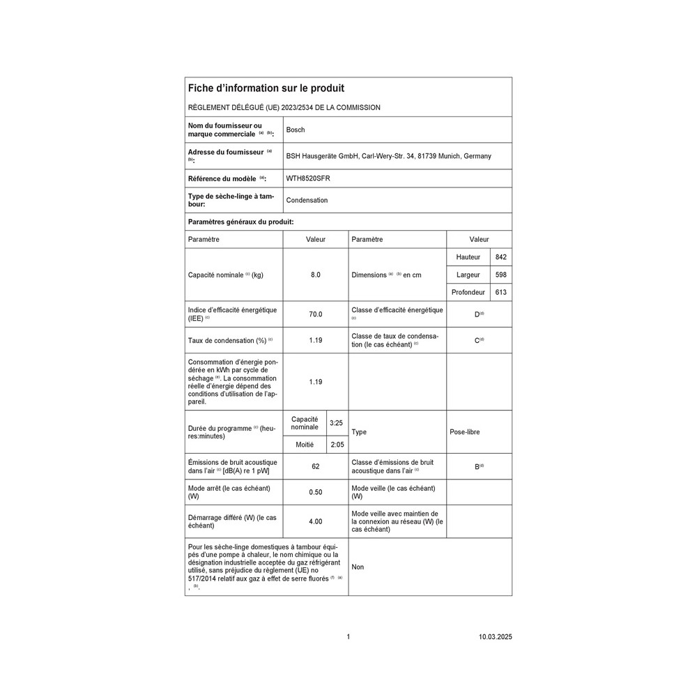 Sèche linge pompe à chaleur Bosch WTH8520SFR 8 kg