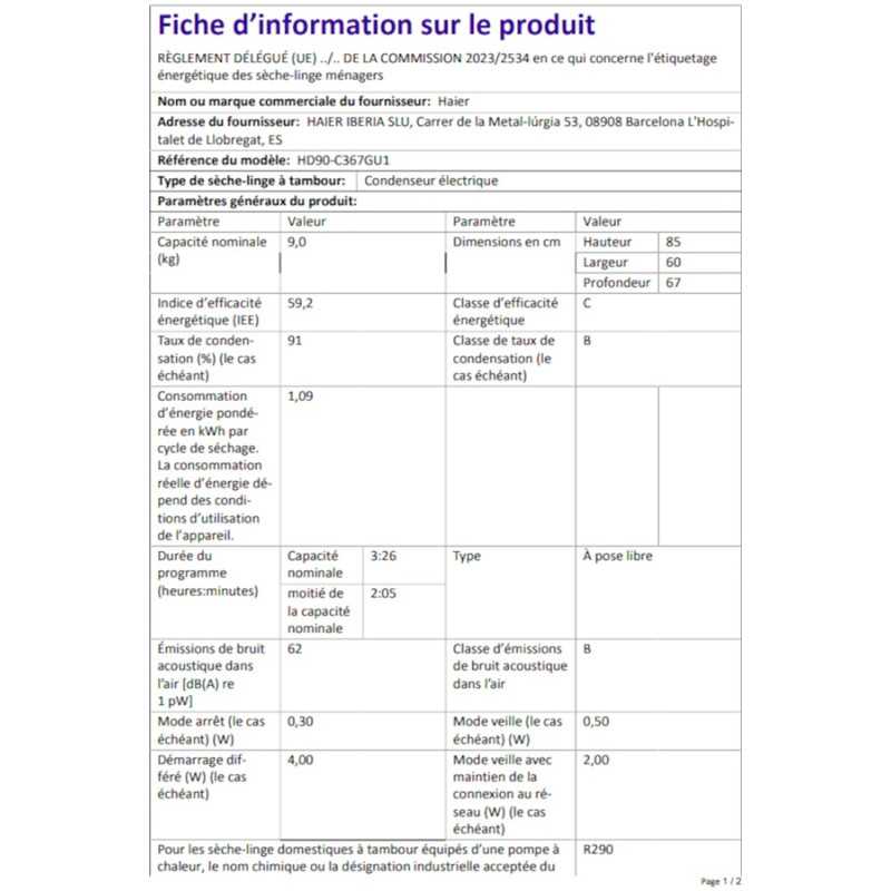 Sèche linge pompe à chaleur Haier HD90 C367GU1 FR