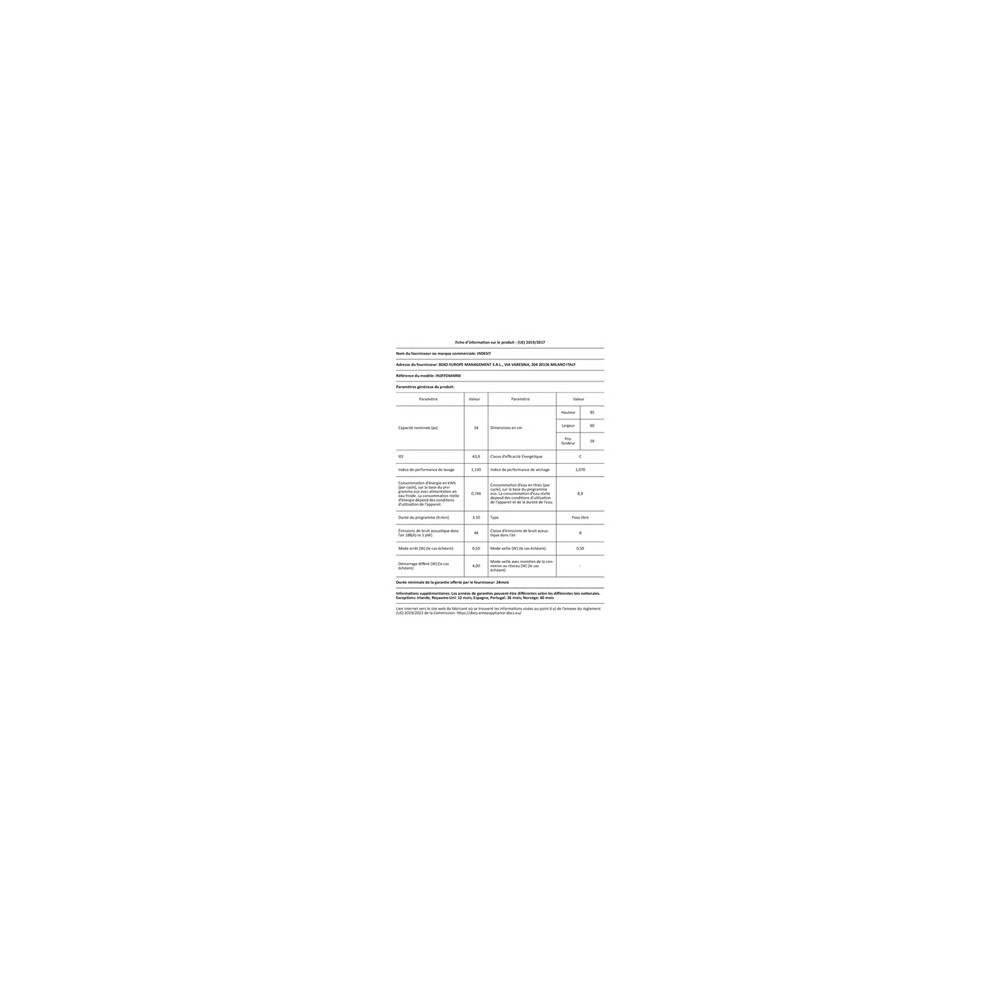 Lave vaisselle pose libre Indesit IN3FFD644RW Blanc
