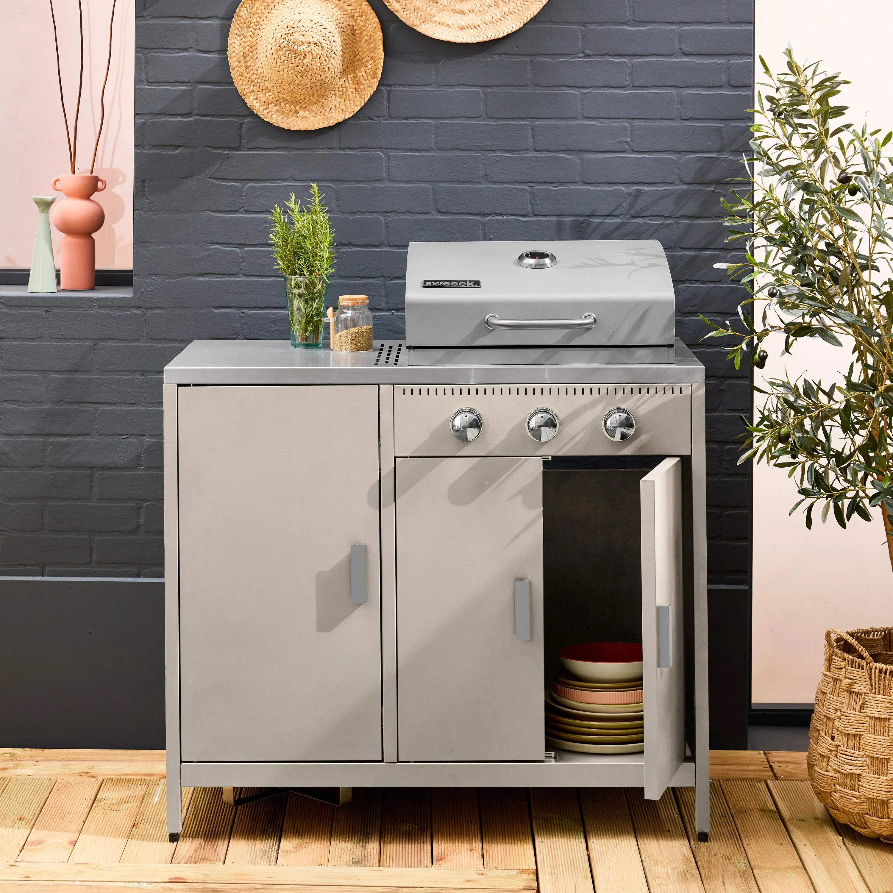 Barbecue gaz 3 brûleurs sur pieds, 3 portes, thermomètre