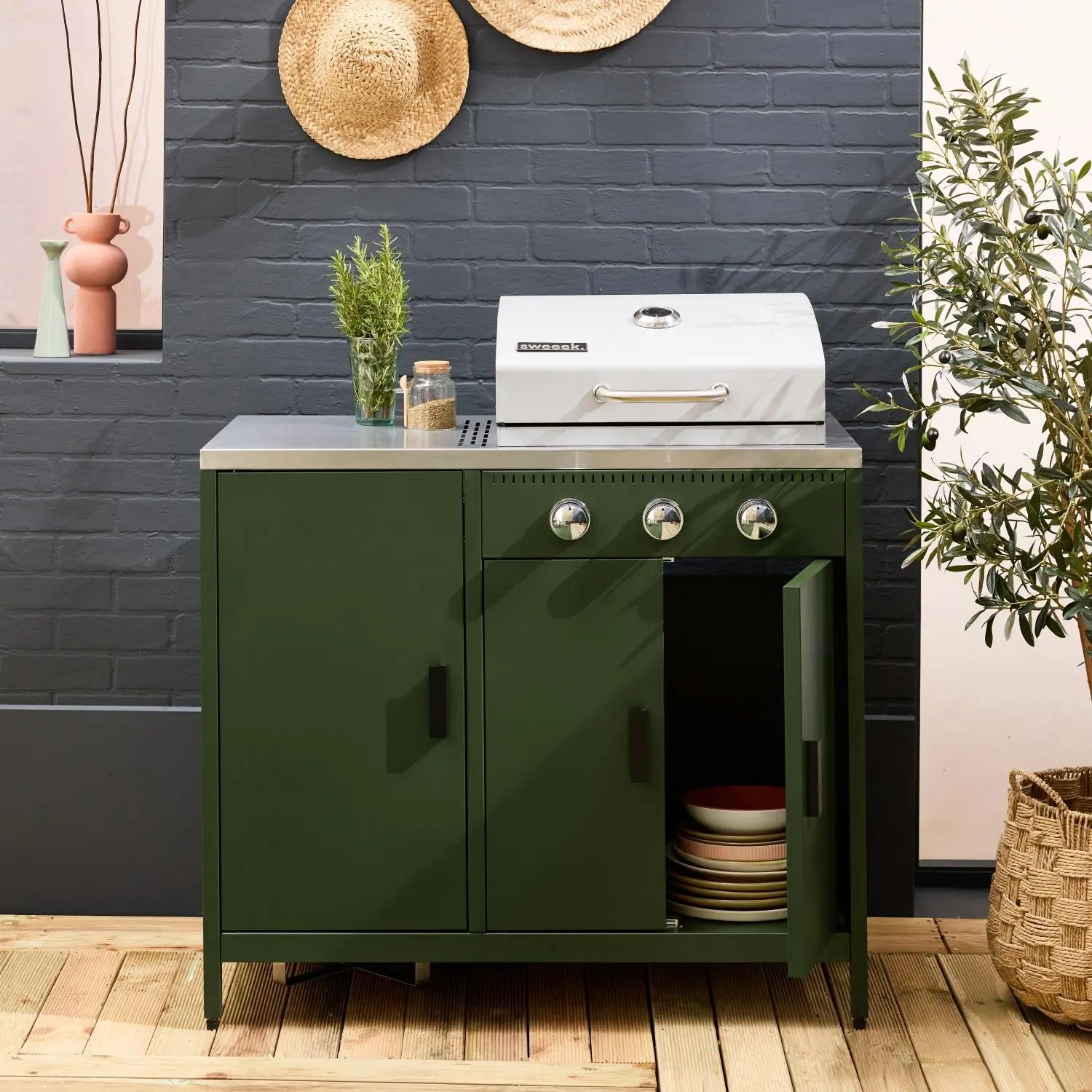 Barbecue gaz 3 brûleurs sur pieds, 3 portes, thermomètre