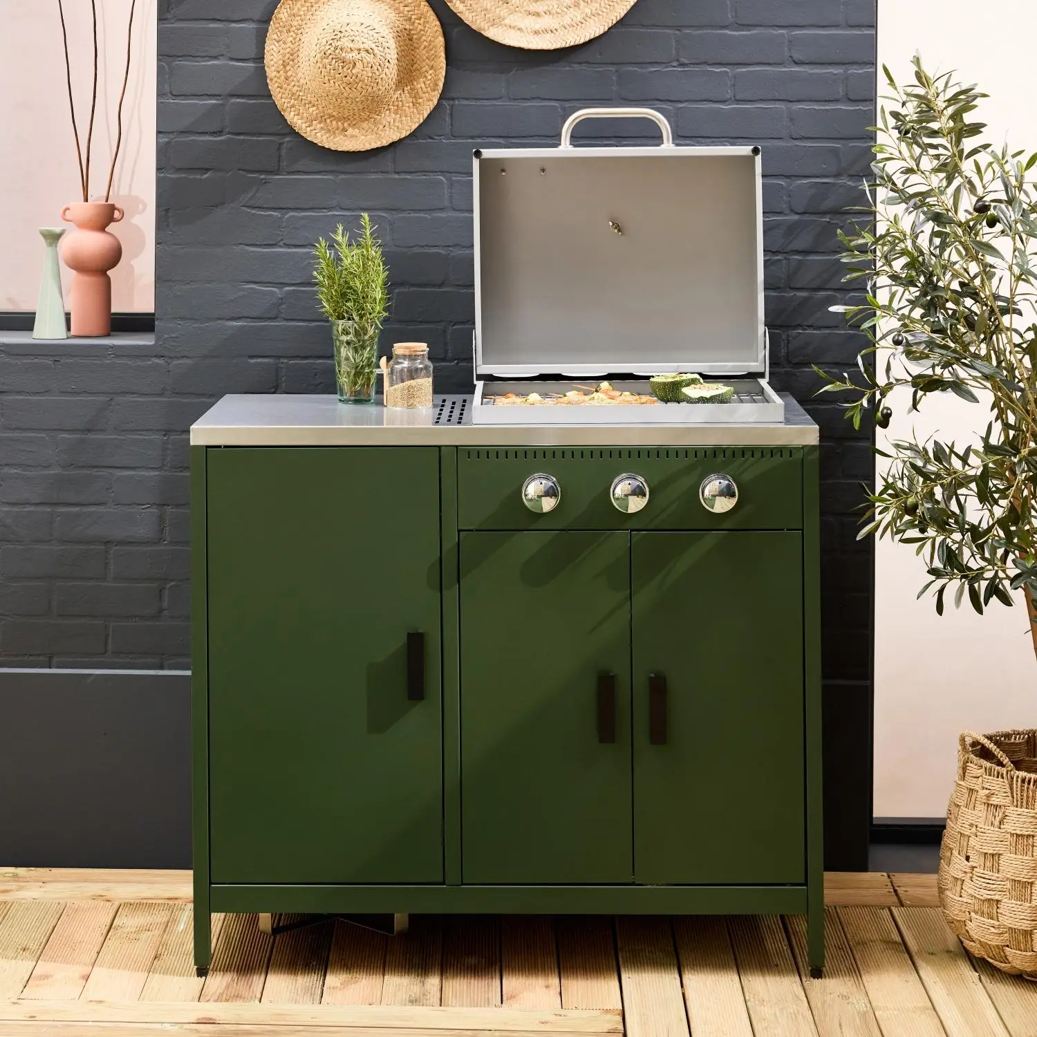 Barbecue gaz 3 brûleurs sur pieds, 3 portes, thermomètre
