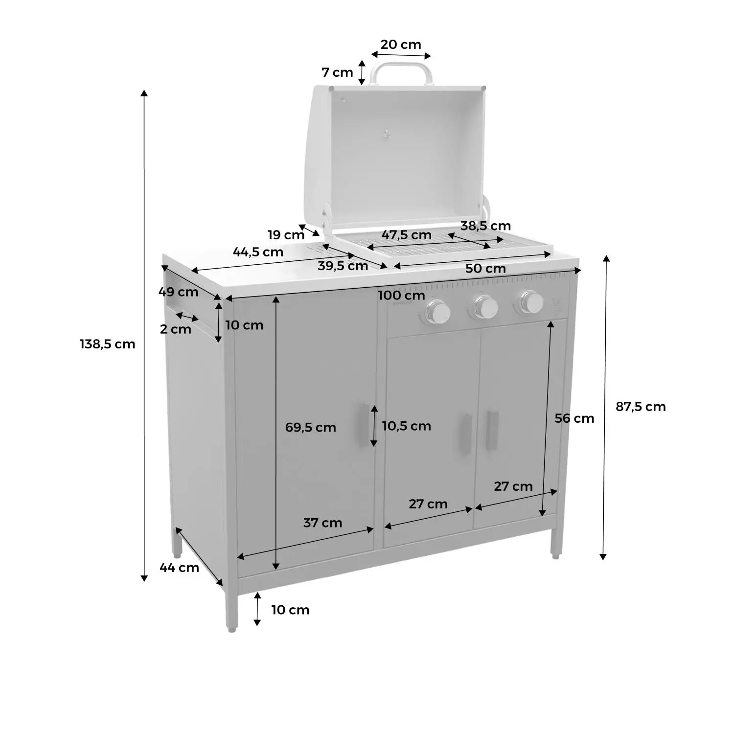 Barbecue gaz 3 brûleurs sur pieds, 3 portes, thermomètre