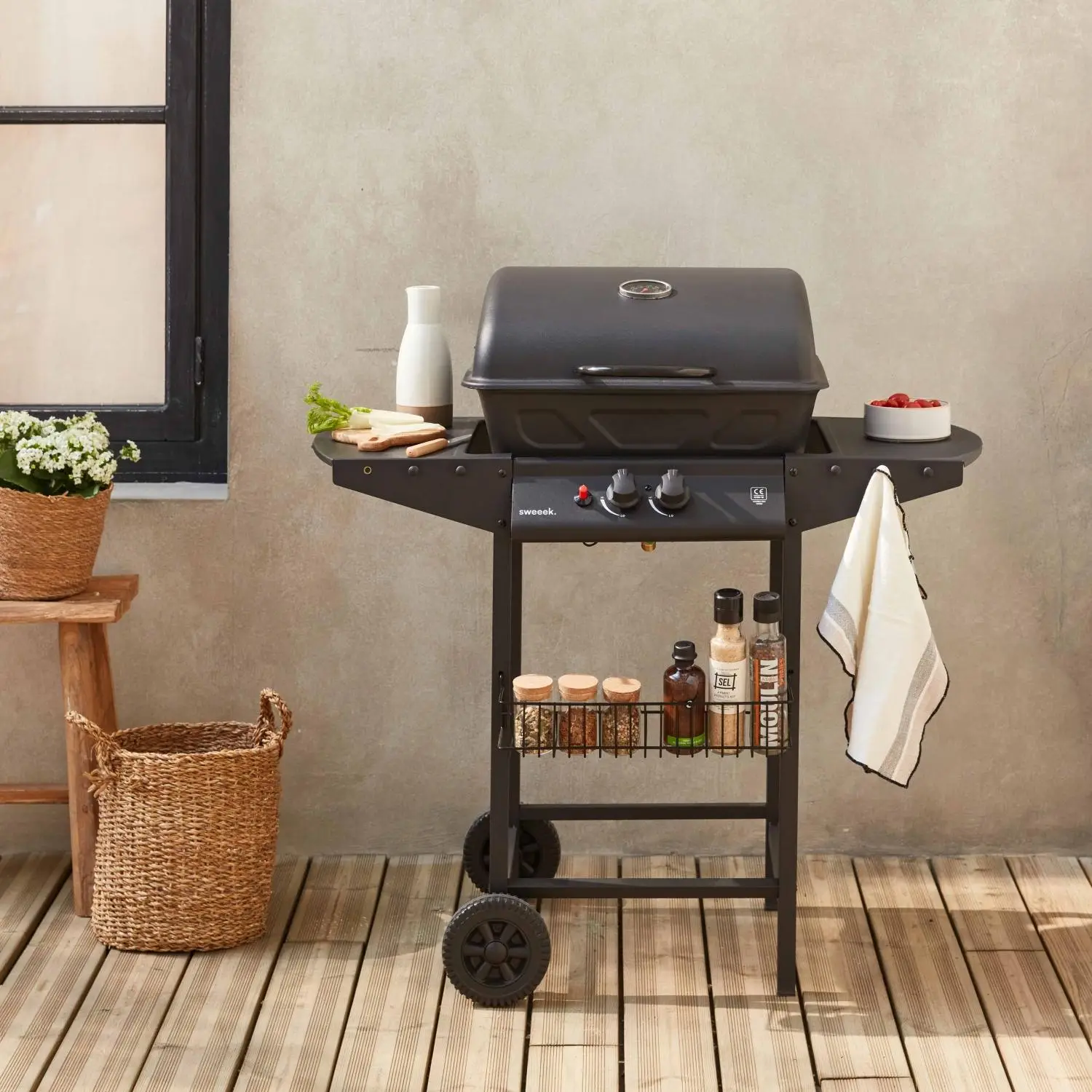 Barbecue gaz 2 brûleurs avec roues, tablettes et thermomètre