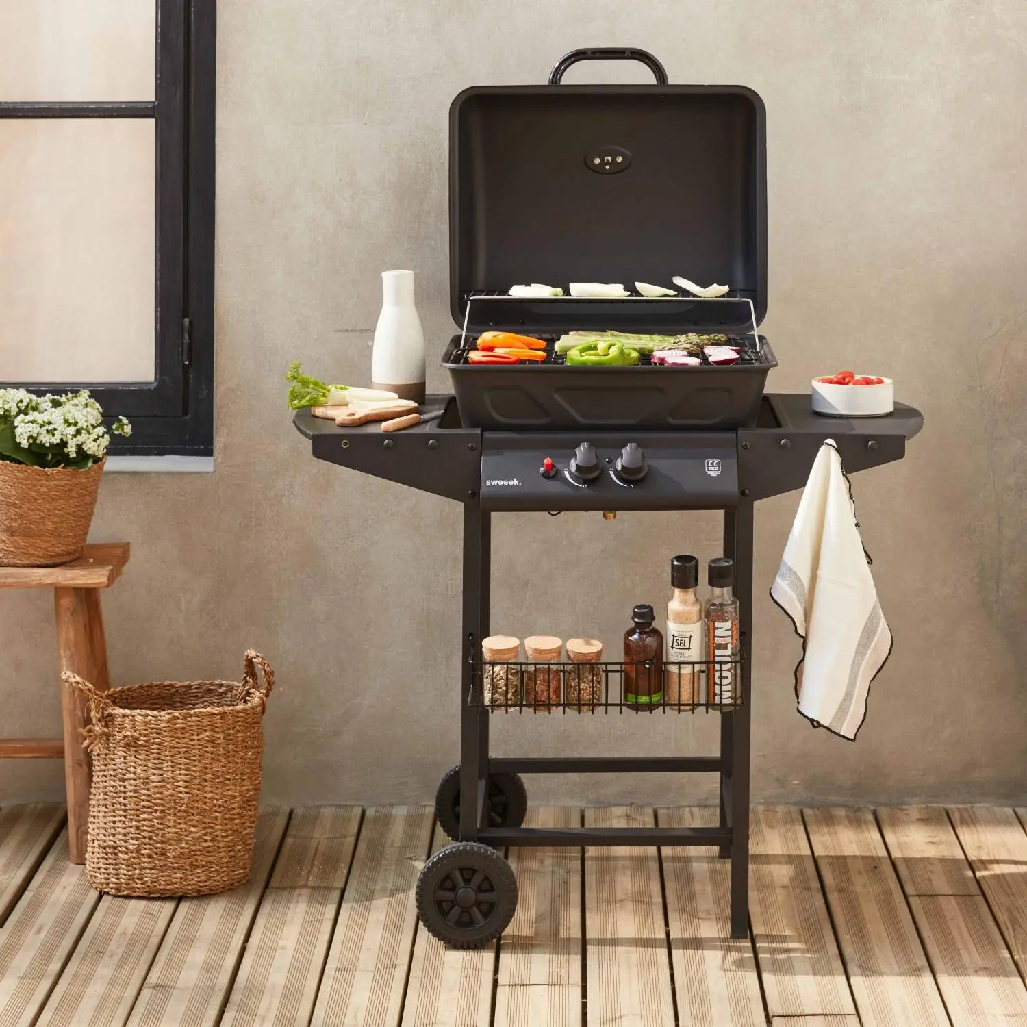 Barbecue gaz 2 brûleurs avec roues, tablettes et thermomètre