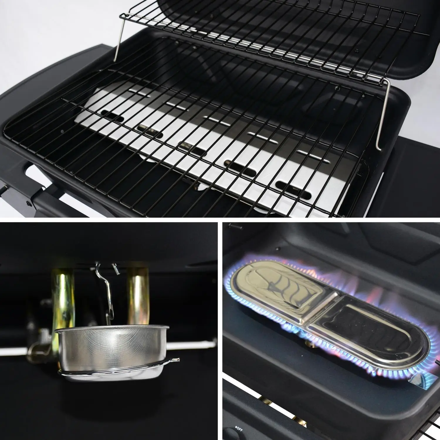 Barbecue gaz 2 brûleurs avec roues, tablettes et thermomètre