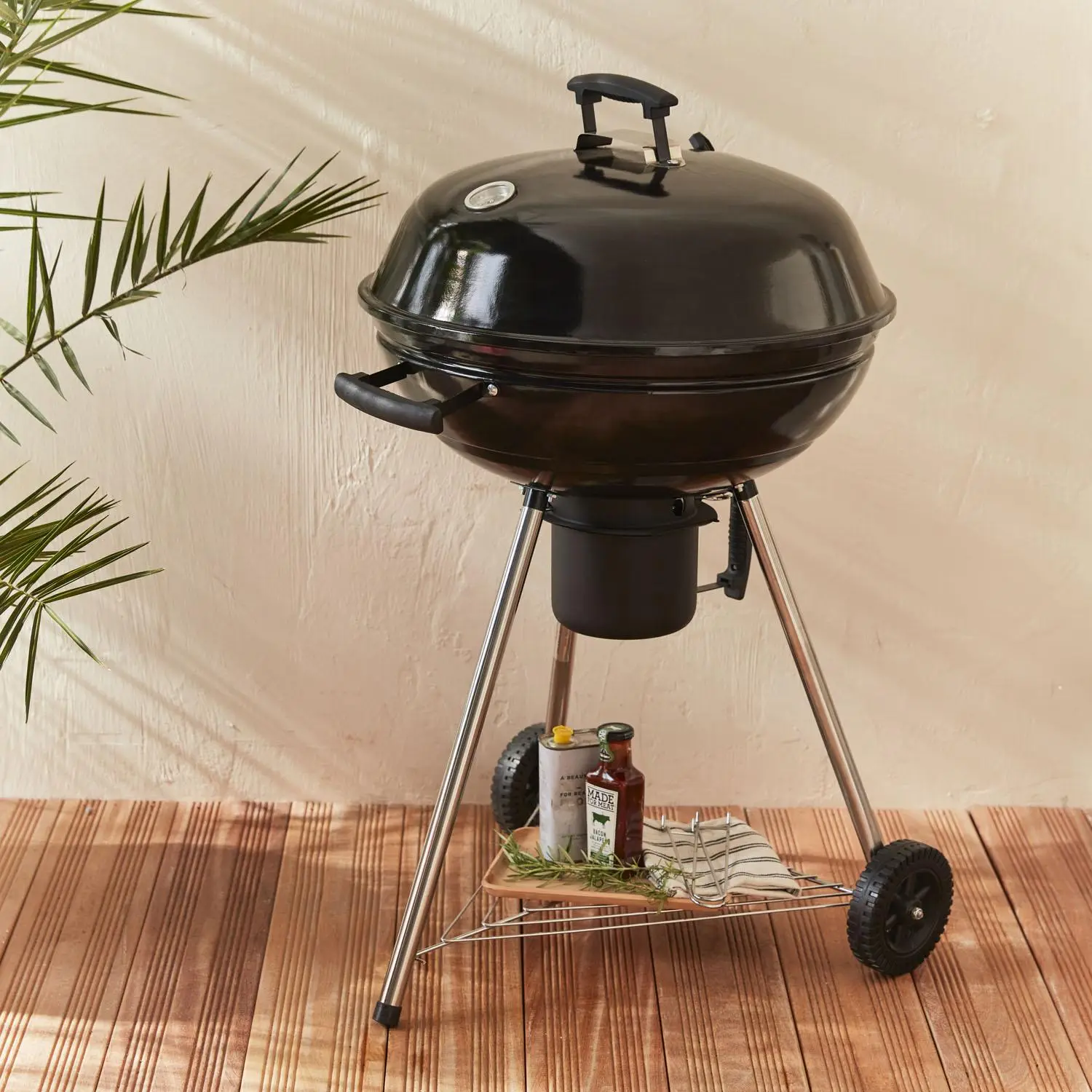 Barbecue boule charbon de bois, grill et fumoir Ø57cm avec roues