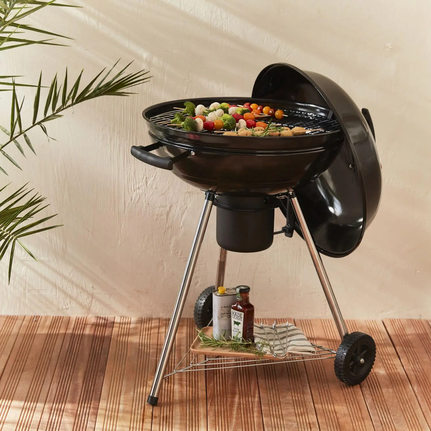 Barbecue boule charbon de bois, grill et fumoir Ø57cm avec roues