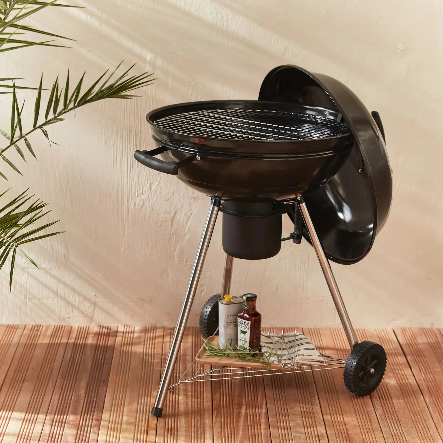 Barbecue boule charbon de bois, grill et fumoir Ø57cm avec roues