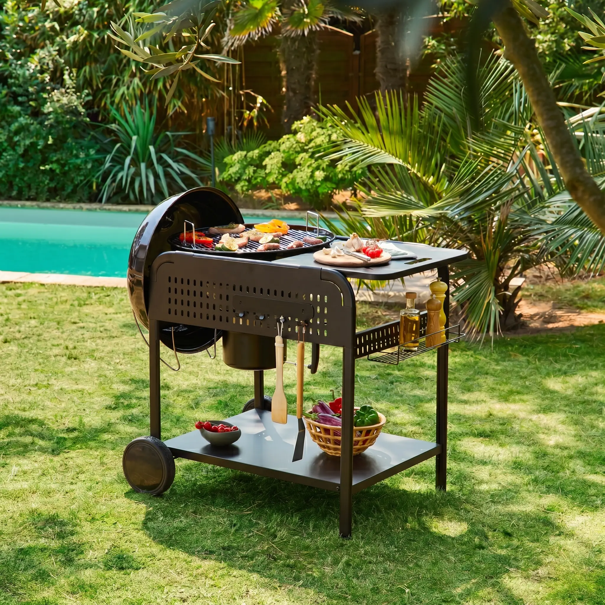 Barbecue rond charbon de bois acier émaillé Ø53cm avec chariot