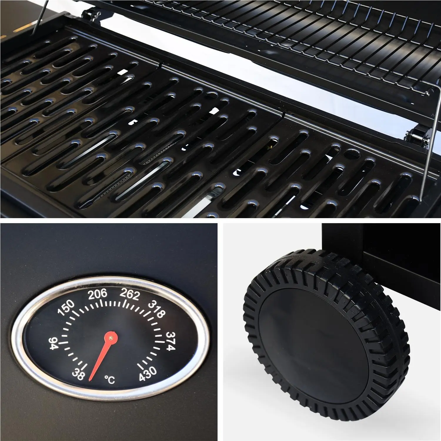 Barbecue gaz 6 brûleurs + 1 feu latéral avec roues, tablettes et thermomètre