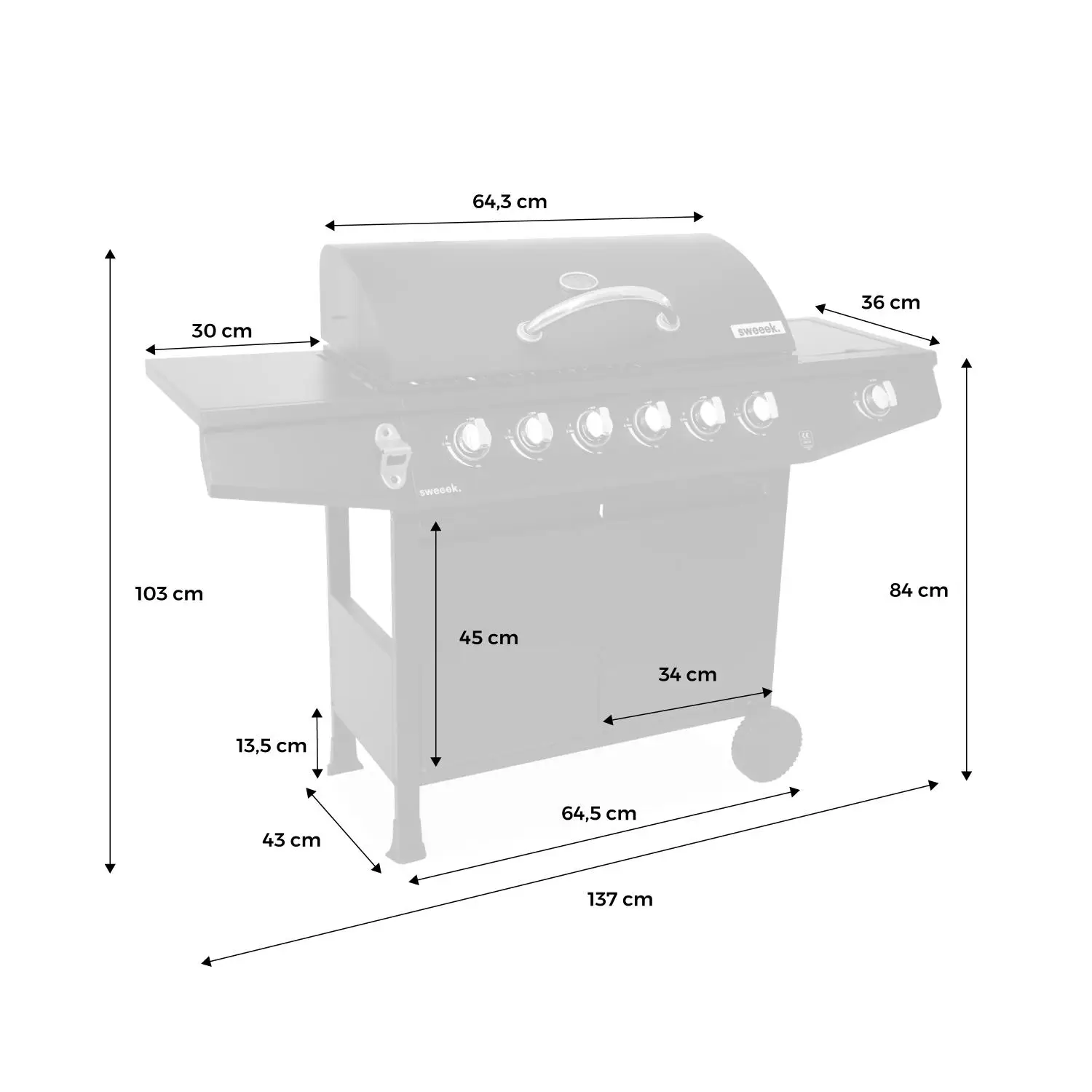 Barbecue gaz 6 brûleurs + 1 feu latéral avec roues, tablettes et thermomètre