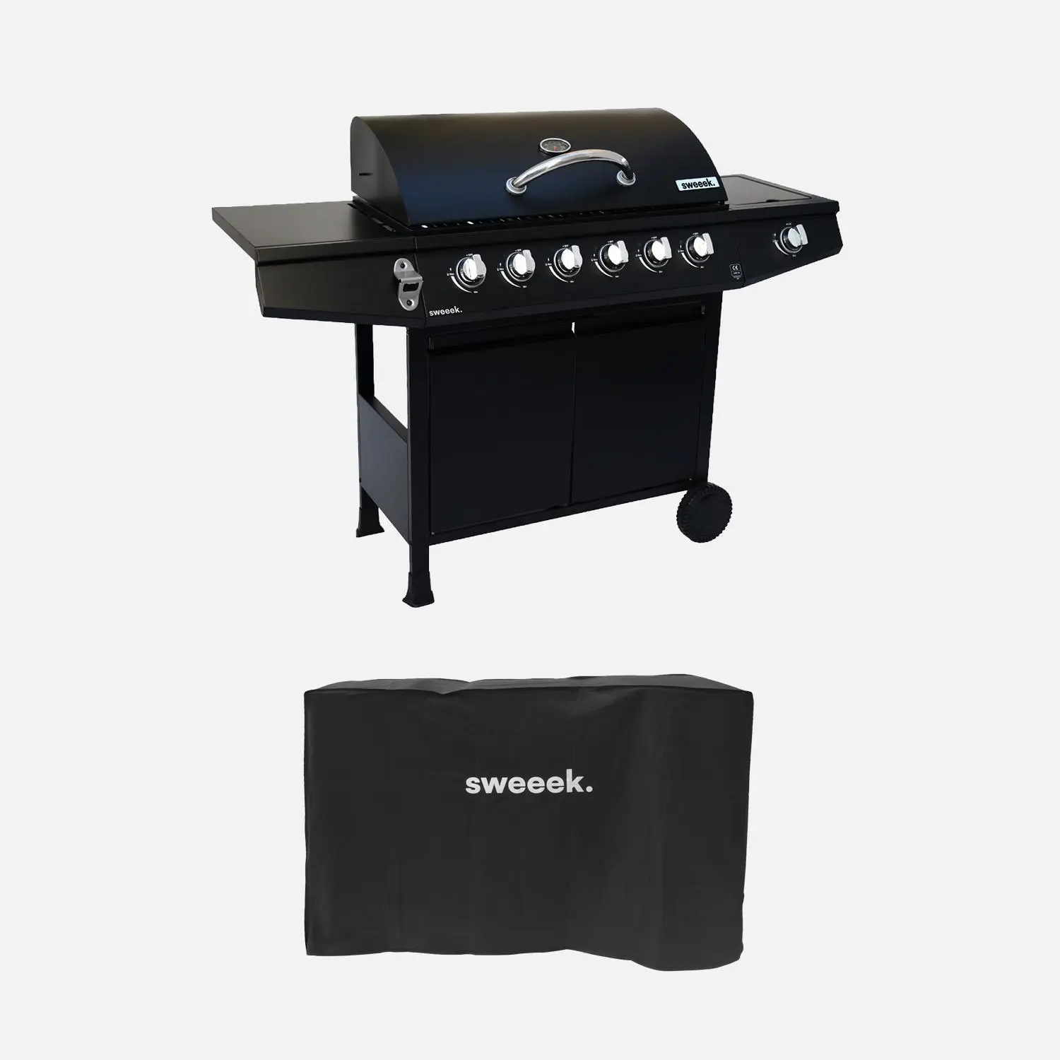 Barbecue gaz 6 brûleurs + 1 feu latéral avec roues, tablettes, thermomètre et housse