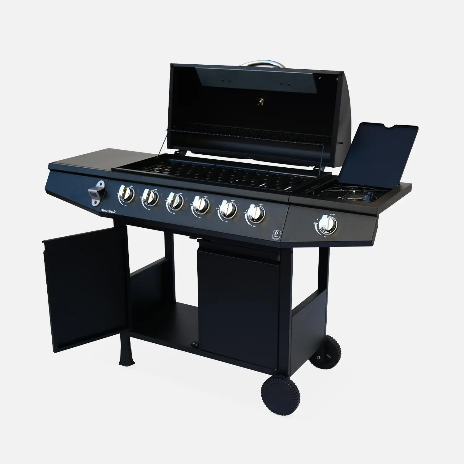 Barbecue gaz 6 brûleurs + 1 feu latéral avec roues, tablettes, thermomètre et housse