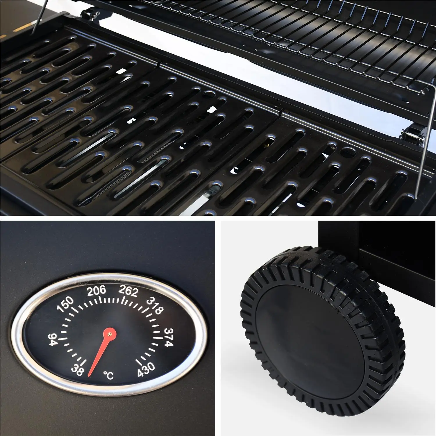 Barbecue gaz 6 brûleurs + 1 feu latéral avec roues, tablettes, thermomètre et housse