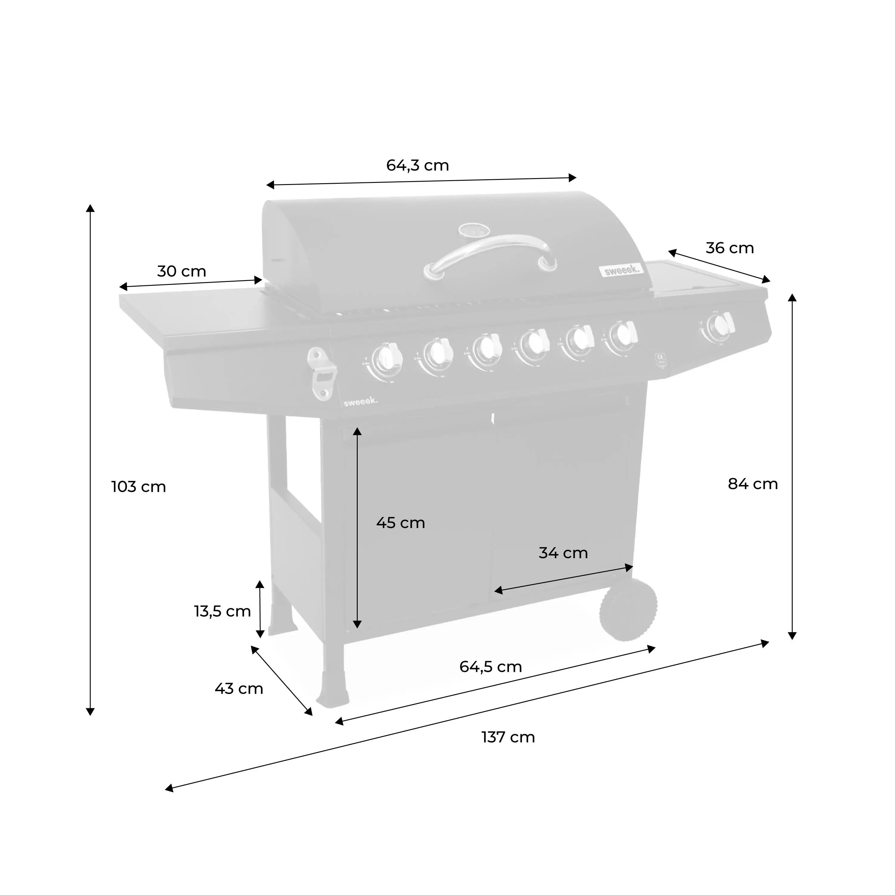 Barbecue gaz 6 brûleurs + 1 feu latéral avec roues, tablettes, thermomètre et housse
