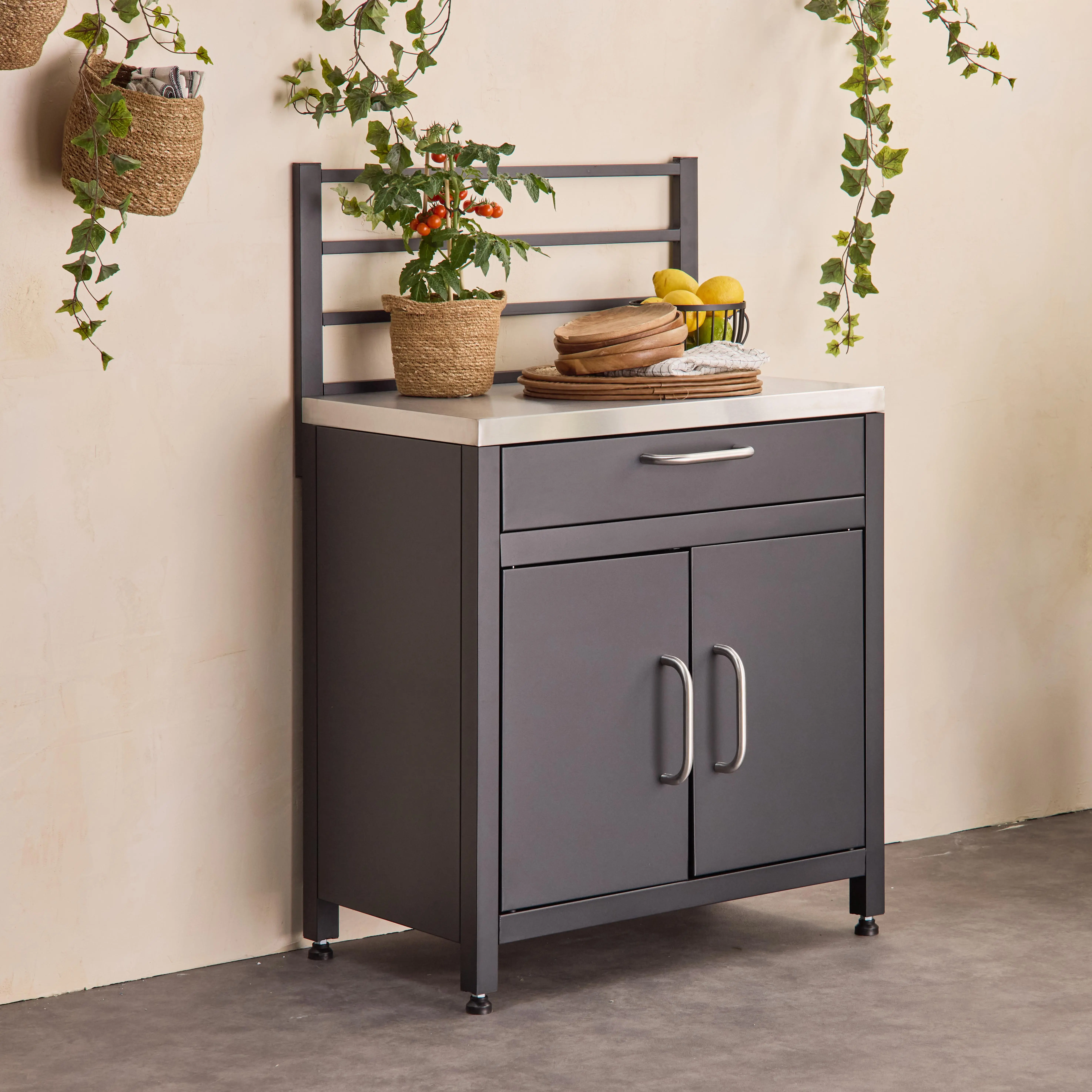 Module de cuisine extérieure acier 1 tiroir 2 portes + grille de suspension L80cm