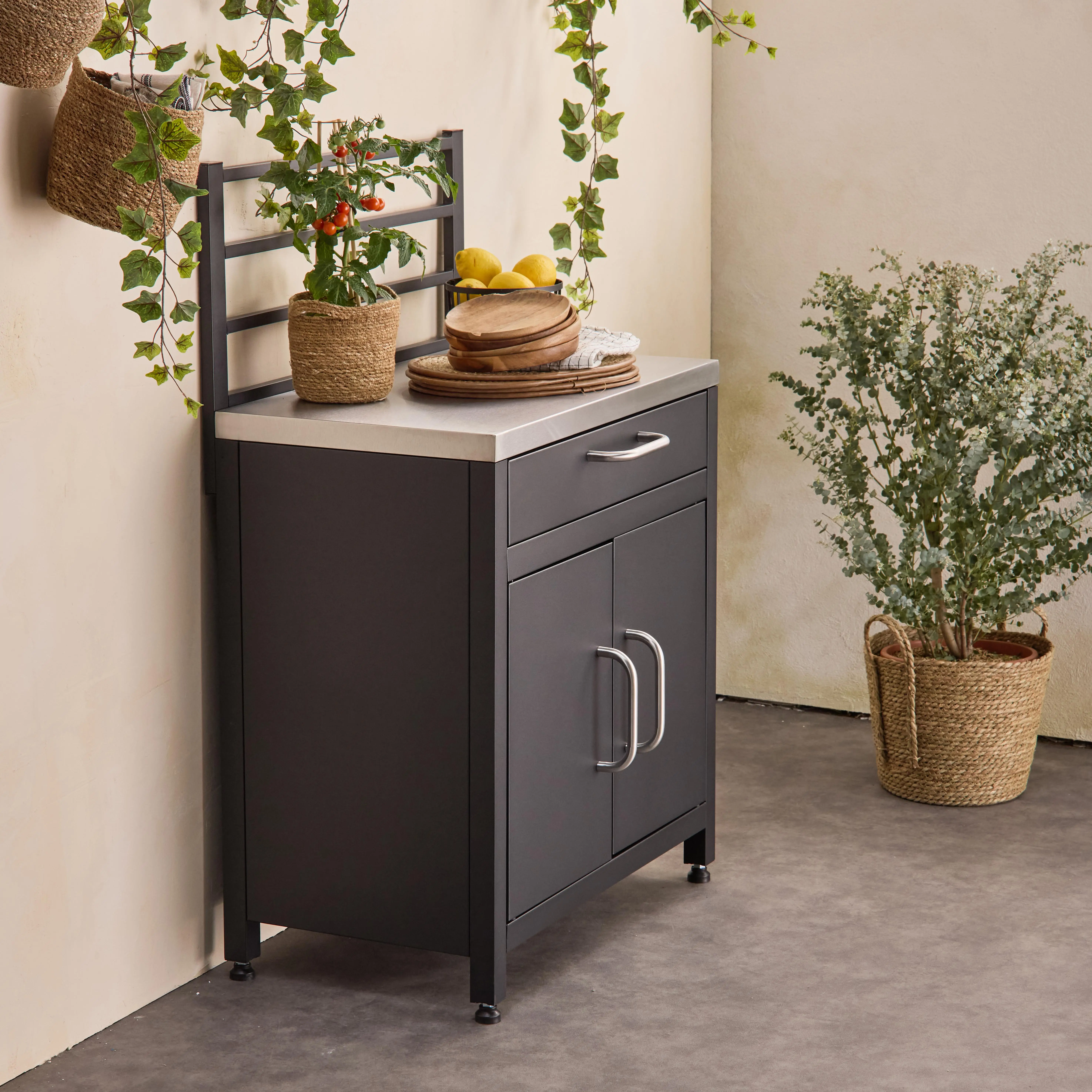 Module de cuisine extérieure acier 1 tiroir 2 portes + grille de suspension L80cm