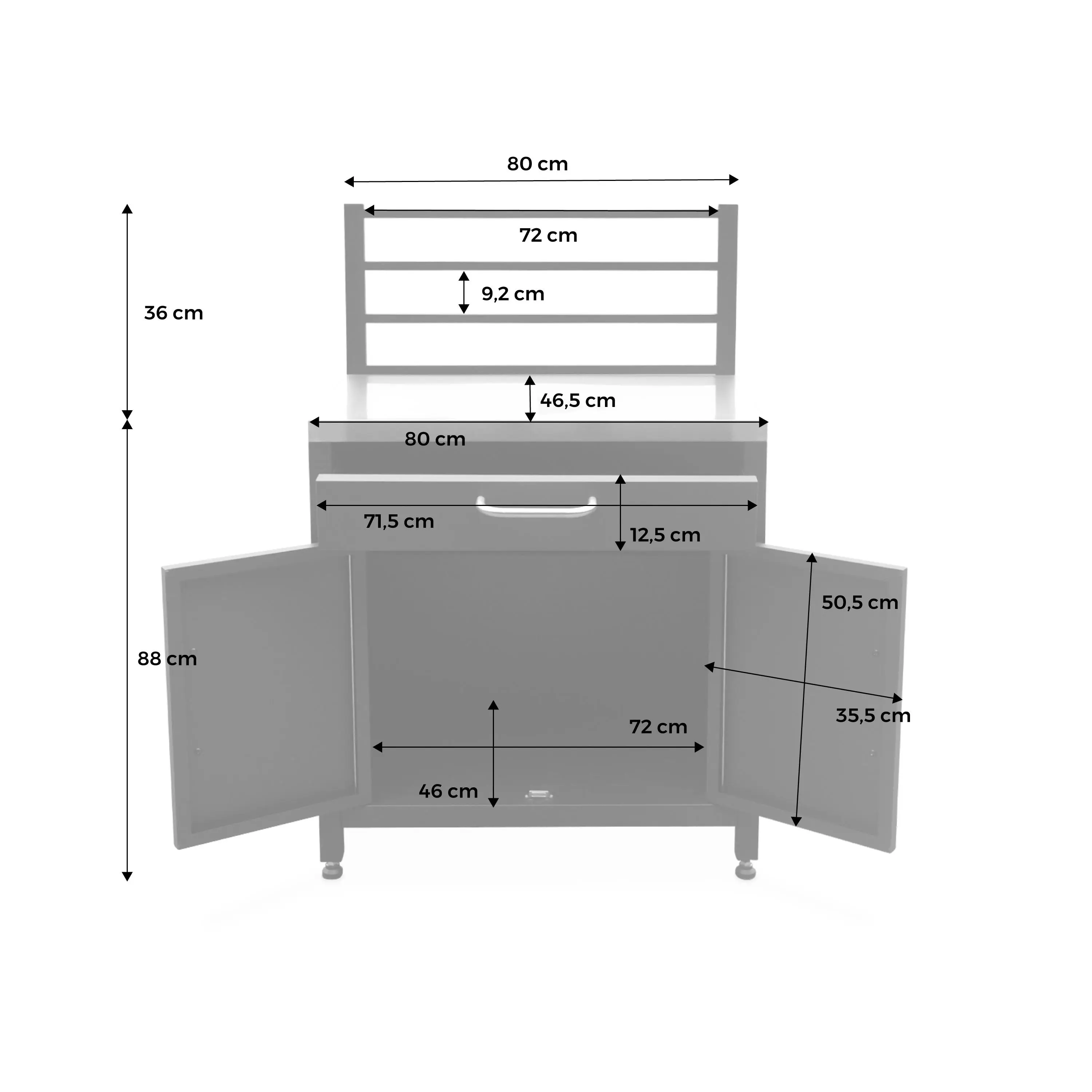 Module de cuisine extérieure acier 1 tiroir 2 portes + grille de suspension L80cm