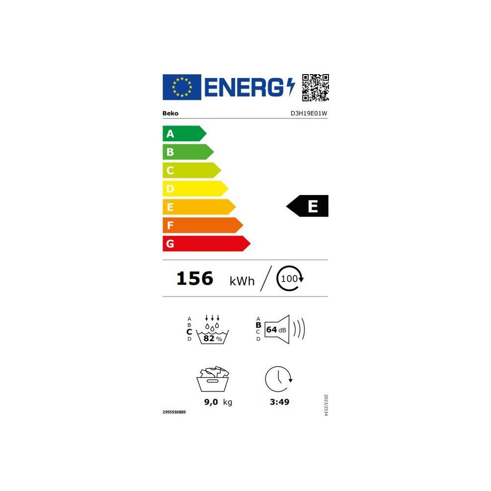Seche-linge pompe a chaleur BEKO D3H19E01W Série bPro 500 - 9 kg - L60cm - Blanc