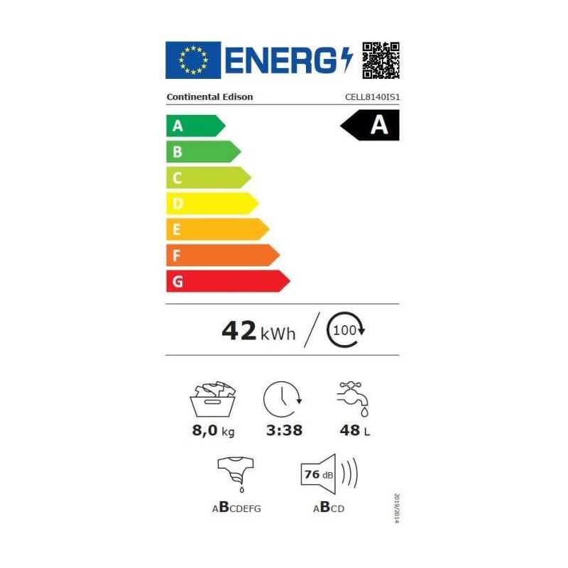 Lave-linge hublot - CONTINENTAL EDISON - CELL8140IS1 - 8kg - Moteur induction - 60 cm - 1400 trs/min - Silver