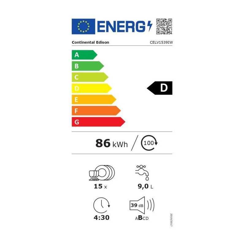 Lave-vaisselle pose libre CONTINENTAL EDISON - 15 couverts - Largeur 59,8 cm - Classe D - moteur induction - 39 dB - Blanc
