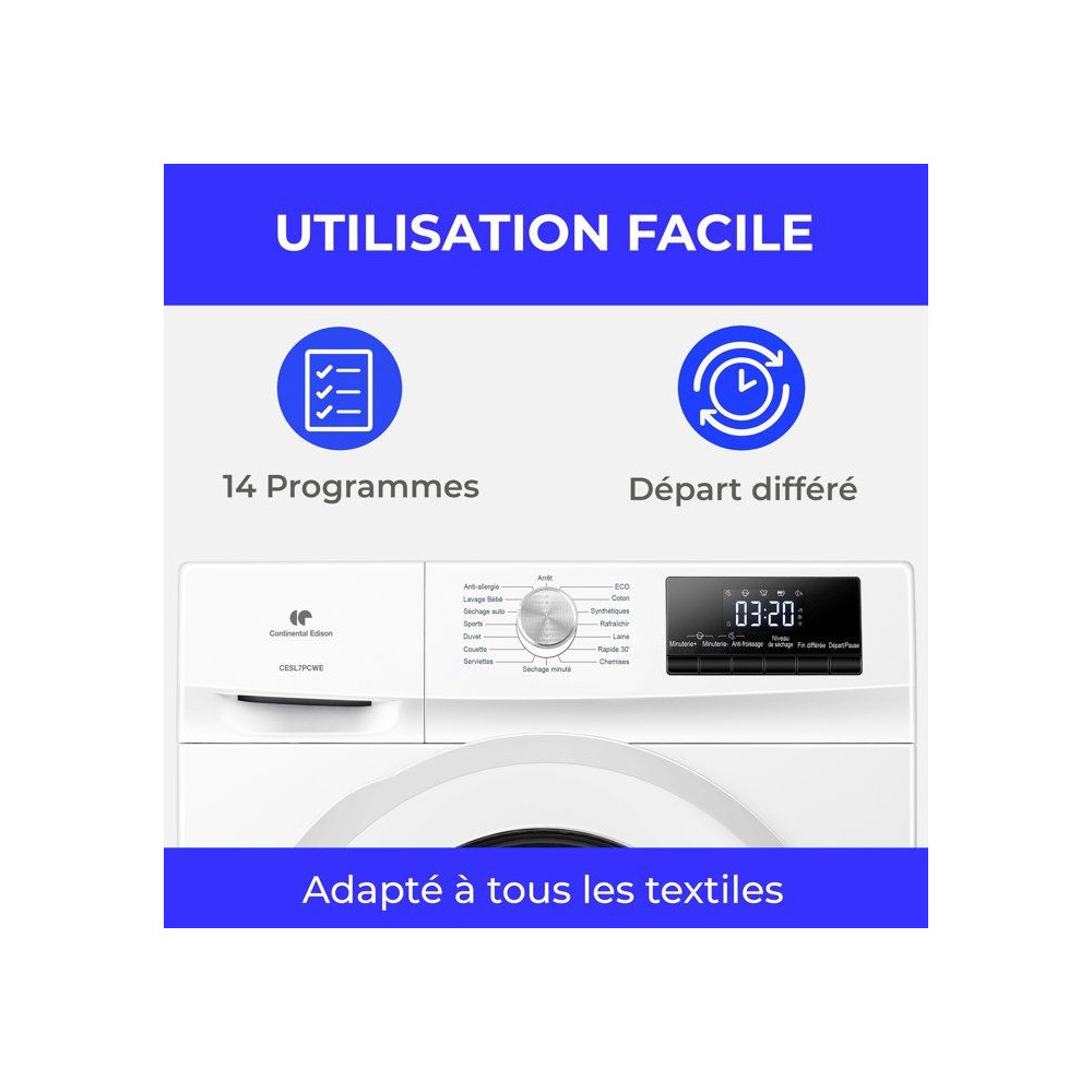 Seche-linge pompe a chaleur - CONTINENTAL EDISON - CESL7PCWE - 7 kg - 60 cm - Classe E - Blanc