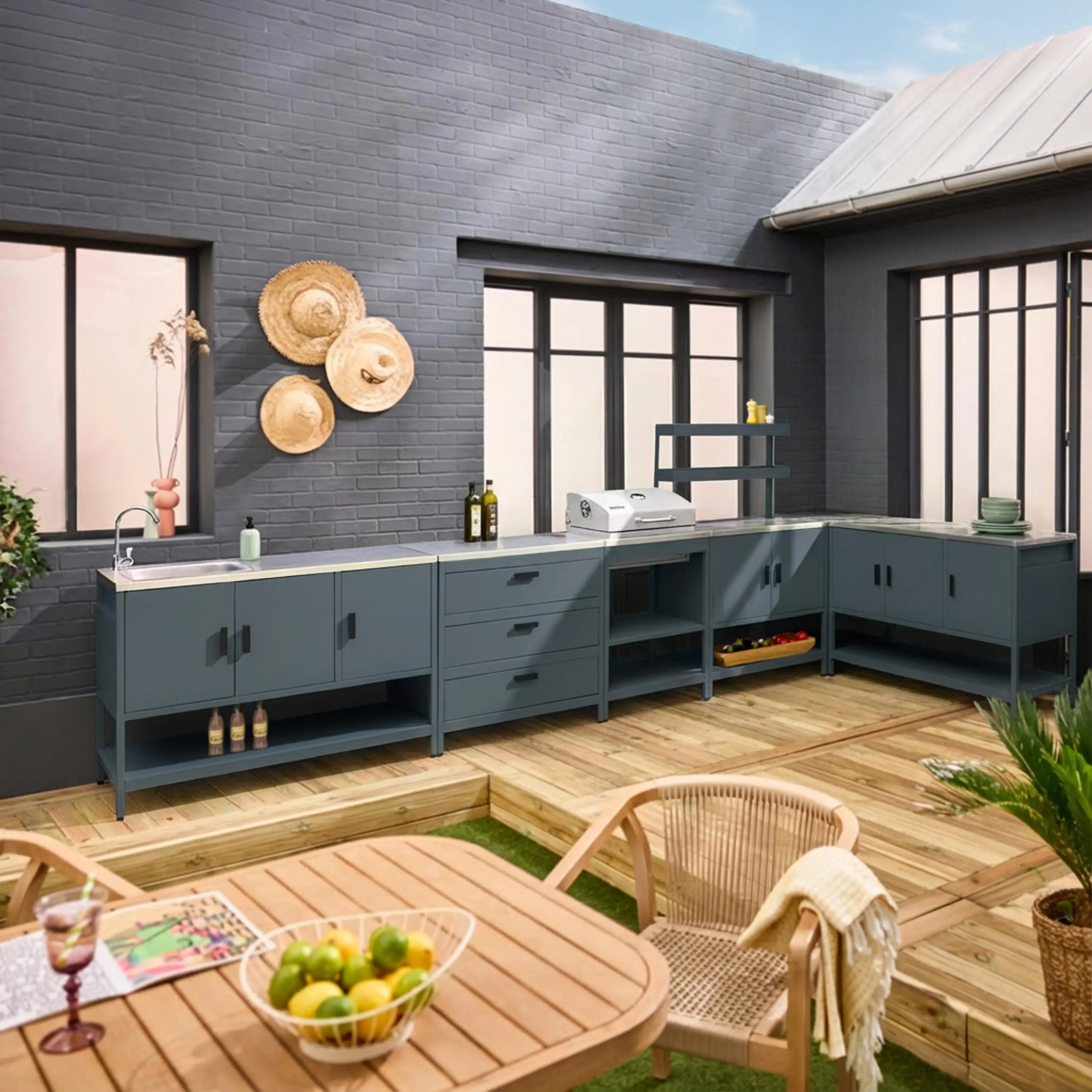 Cuisine d'extérieure 5 modules avec barbecue charbon de bois sur pieds, 2 étagères et thermomètre