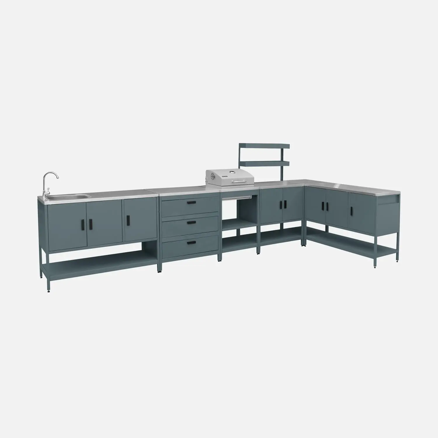 Cuisine d'extérieure 5 modules avec barbecue charbon de bois sur pieds, 2 étagères et thermomètre