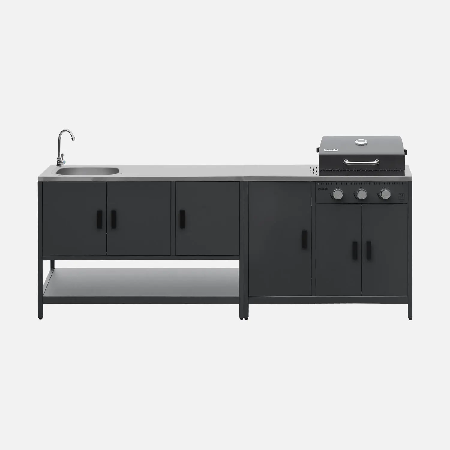 Cuisine d'extérieure 2 modules avec barbecue gaz 3 brûleurs sur pieds, thermomètre