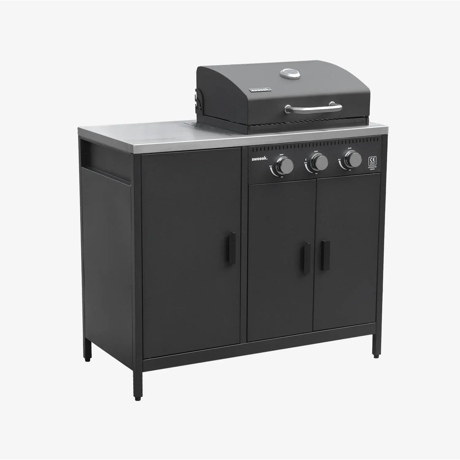 Cuisine d'extérieure 2 modules avec barbecue gaz 3 brûleurs sur pieds, thermomètre