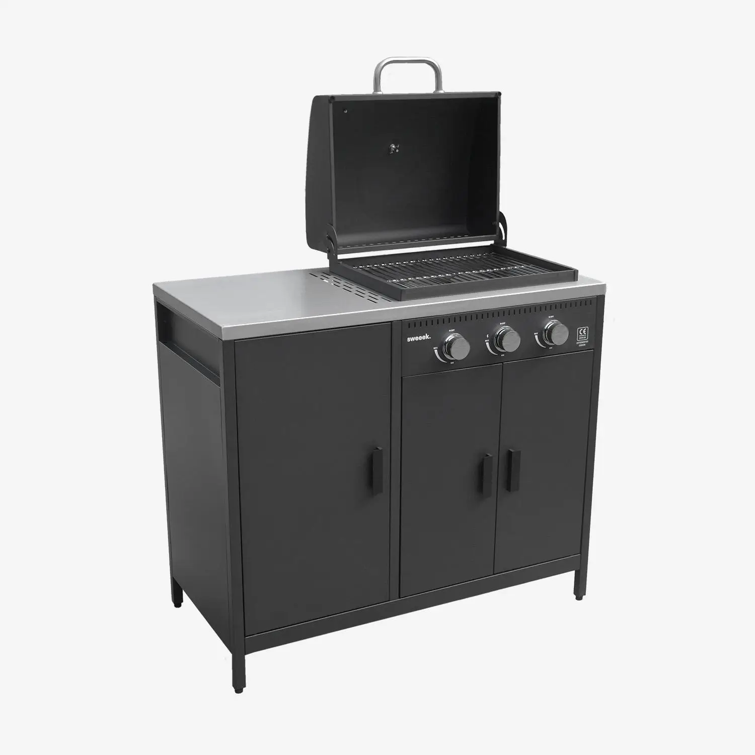 Cuisine d'extérieure 2 modules avec barbecue gaz 3 brûleurs sur pieds, thermomètre