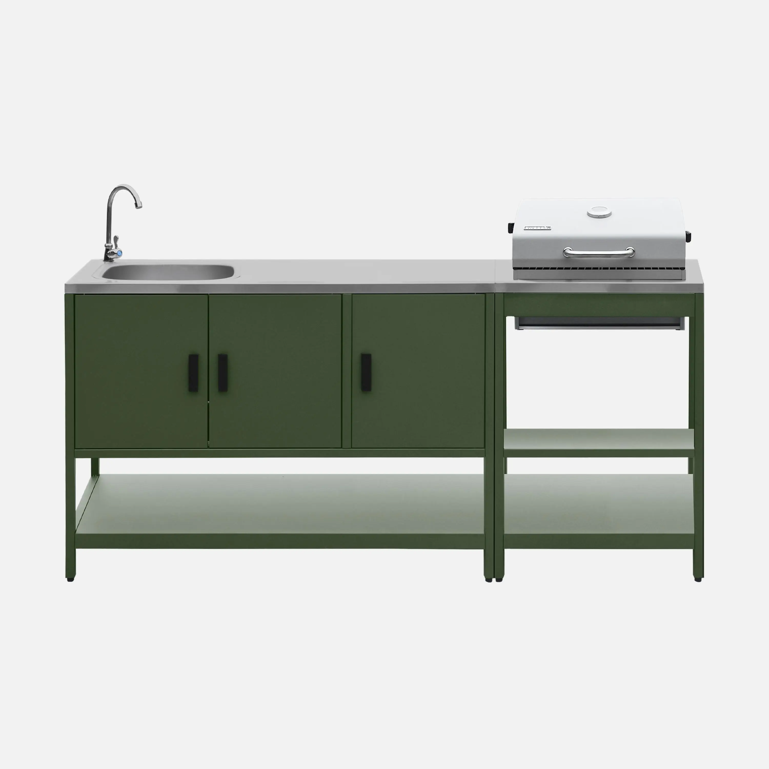Cuisine d'extérieure 2 modules avec barbecue charbon de bois sur pieds, 2 étagères et thermomètre