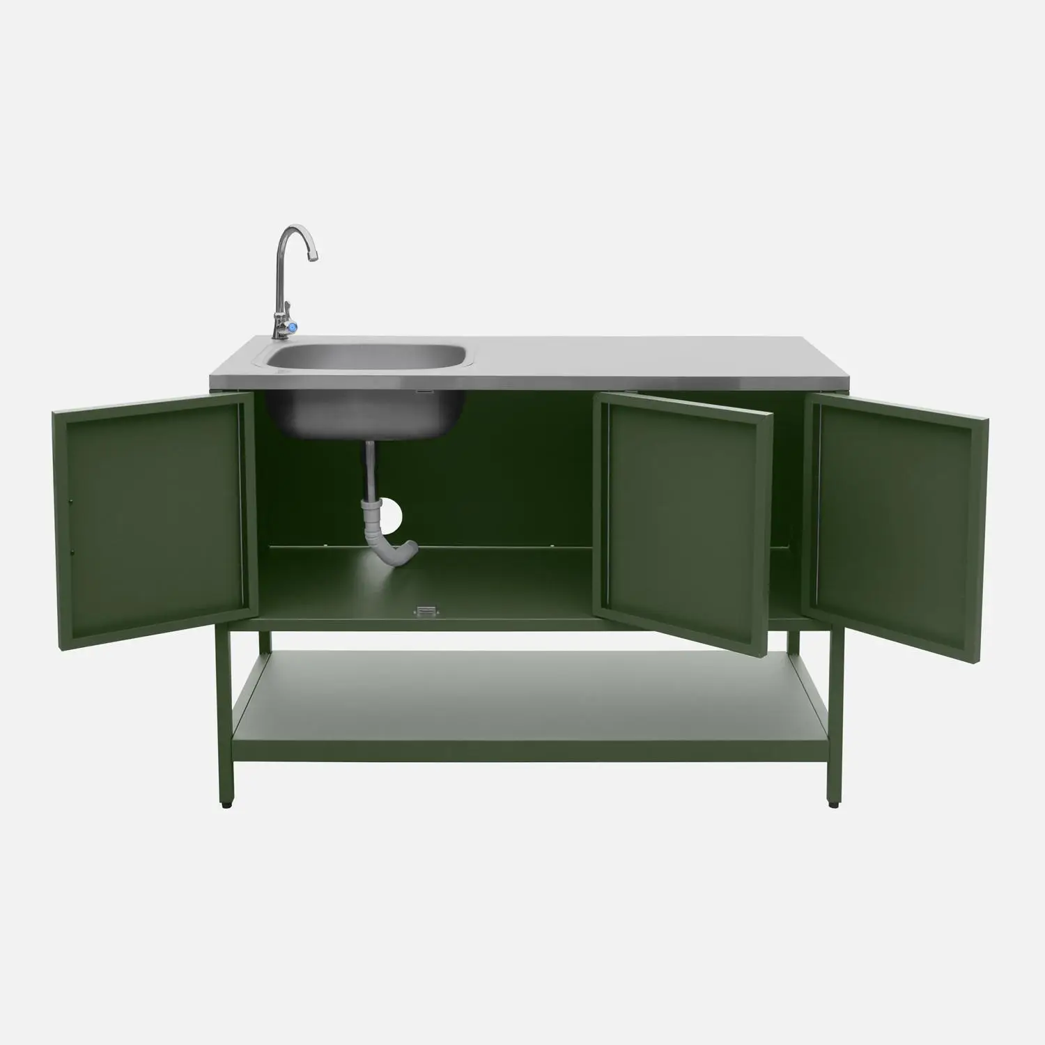 Cuisine d'extérieure 3 modules avec barbecue charbon de bois sur pieds, 2 étagères et thermomètre