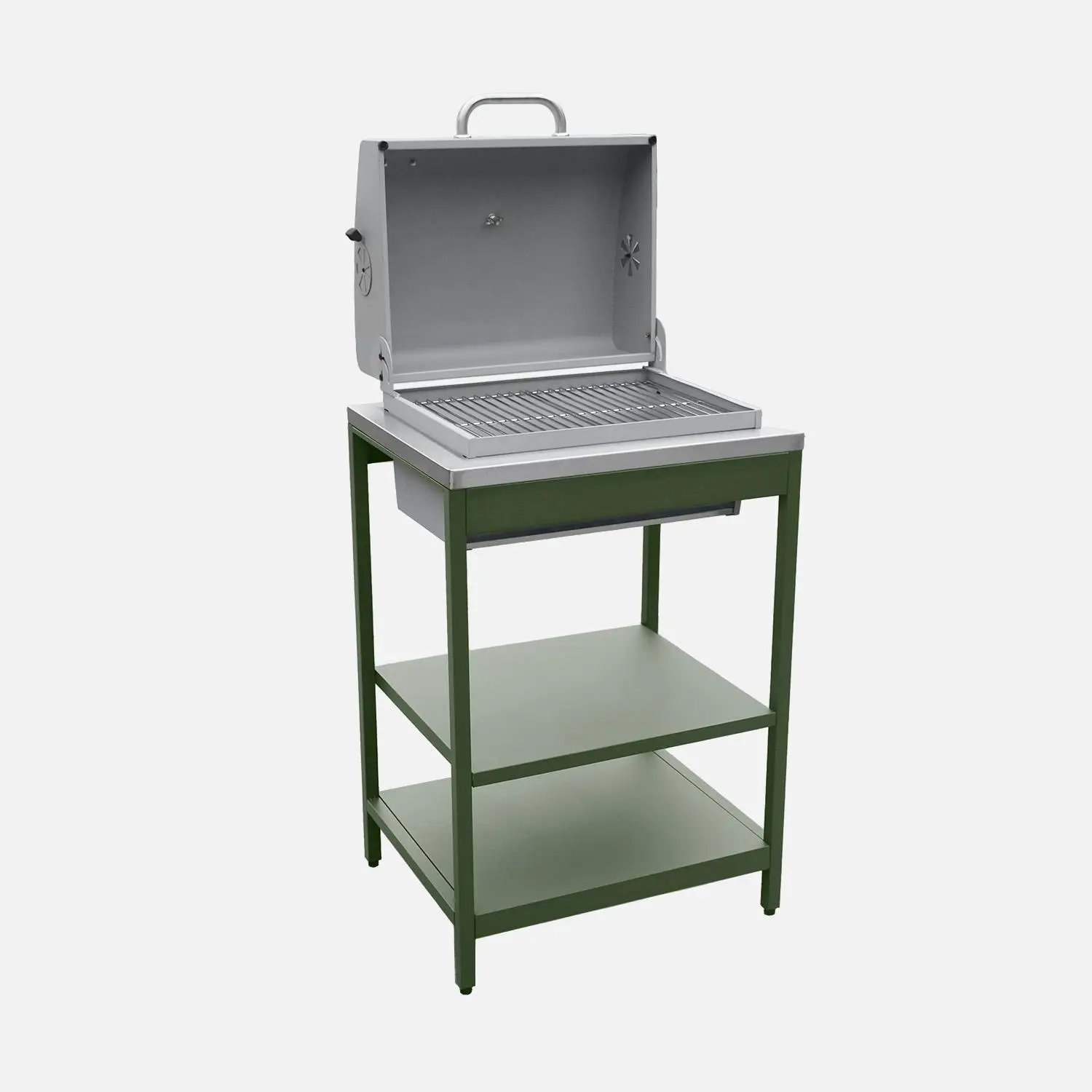 Cuisine d'extérieure 3 modules avec barbecue charbon de bois sur pieds, 2 étagères et thermomètre