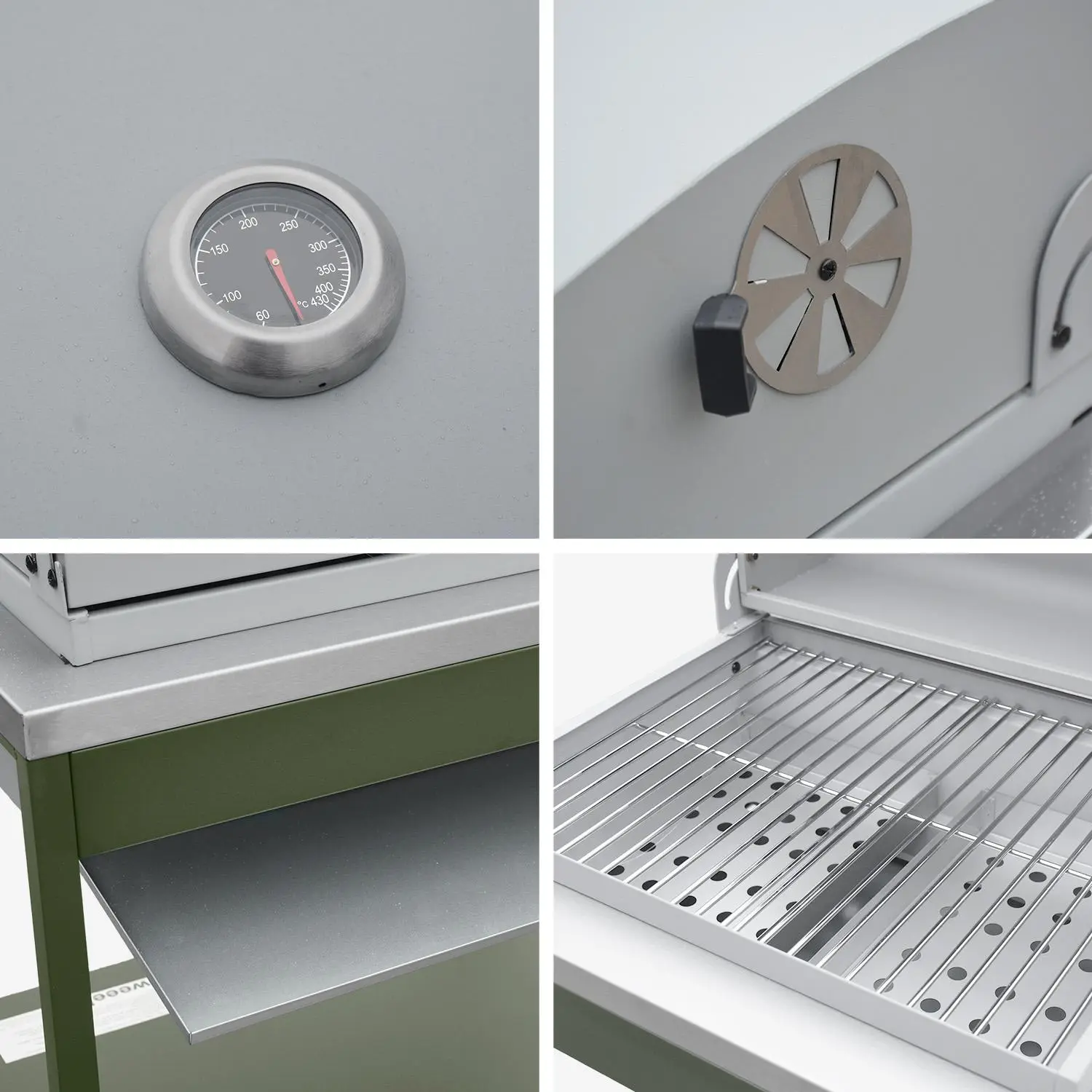 Cuisine d'extérieure 3 modules avec barbecue charbon de bois sur pieds, 2 étagères et thermomètre