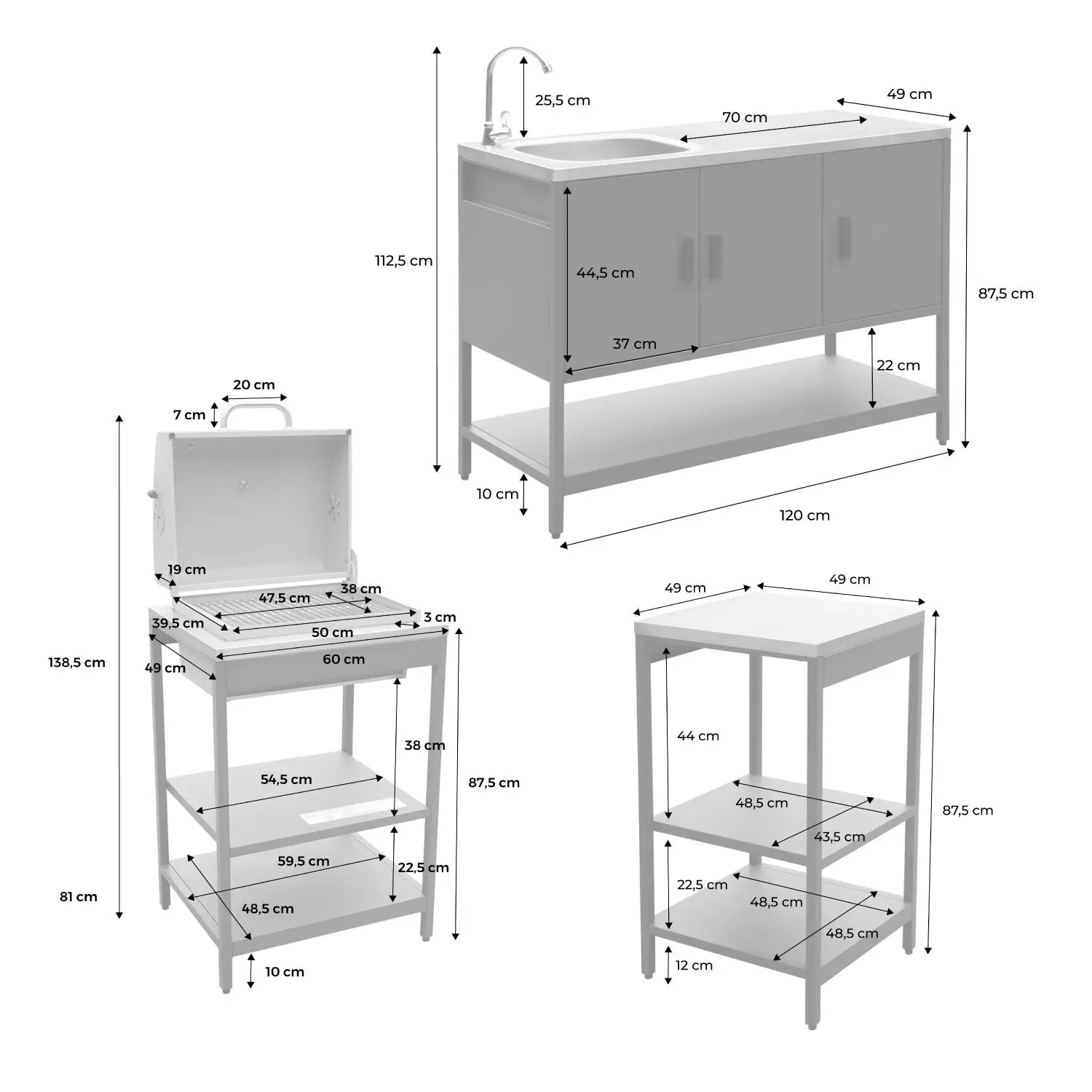 Cuisine d'extérieure 3 modules avec barbecue charbon de bois sur pieds, 2 étagères et thermomètre