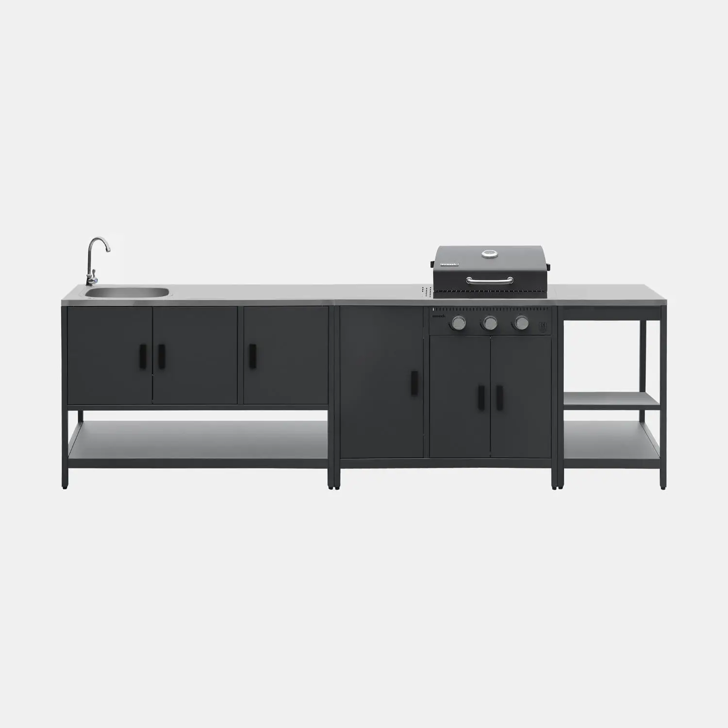 Cuisine d'extérieure 3 modules avec barbecue gaz 3 brûleurs sur pieds, thermomètre