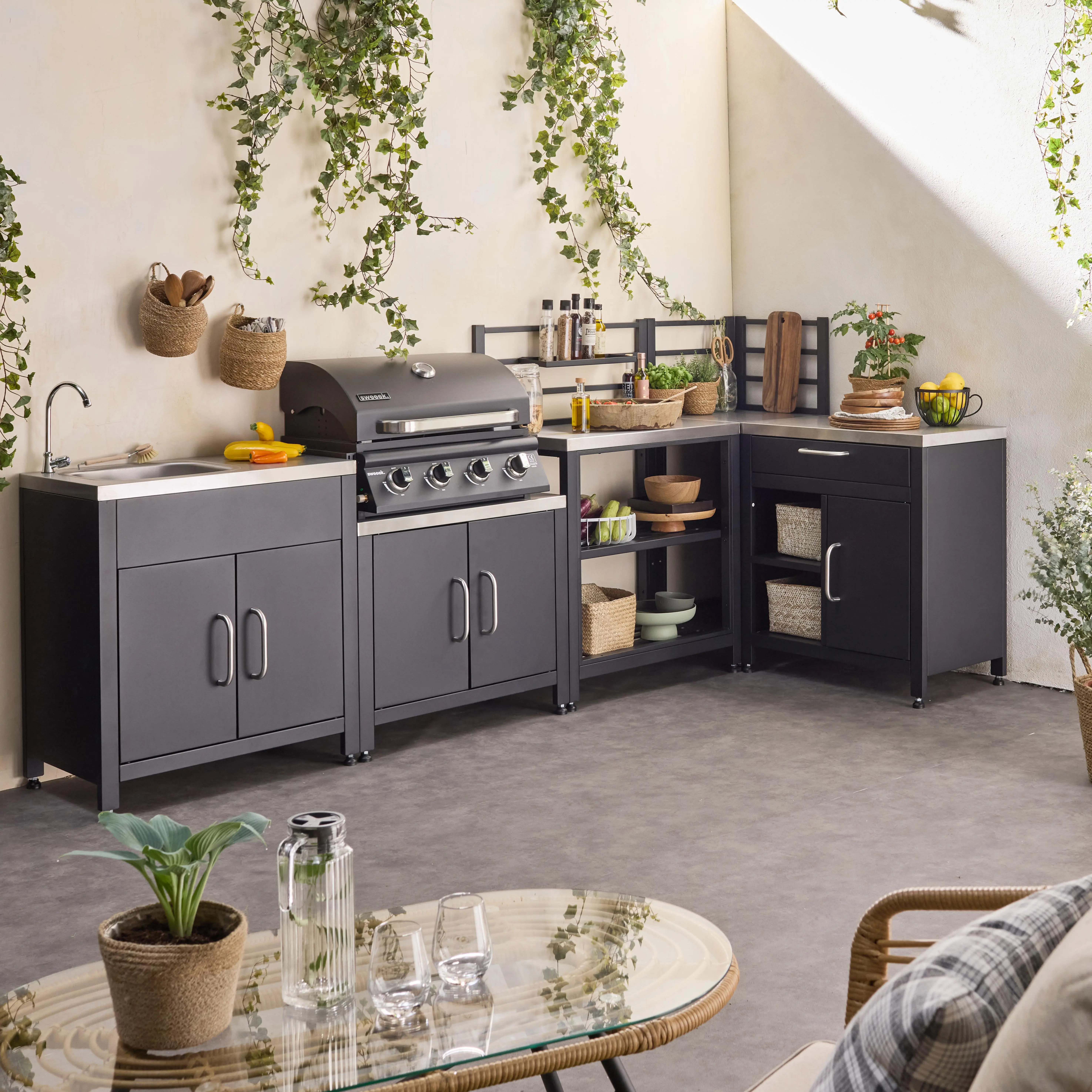 Cuisine extérieure 5 modules acier inoxydable avec barbecue gaz 4 brûleurs