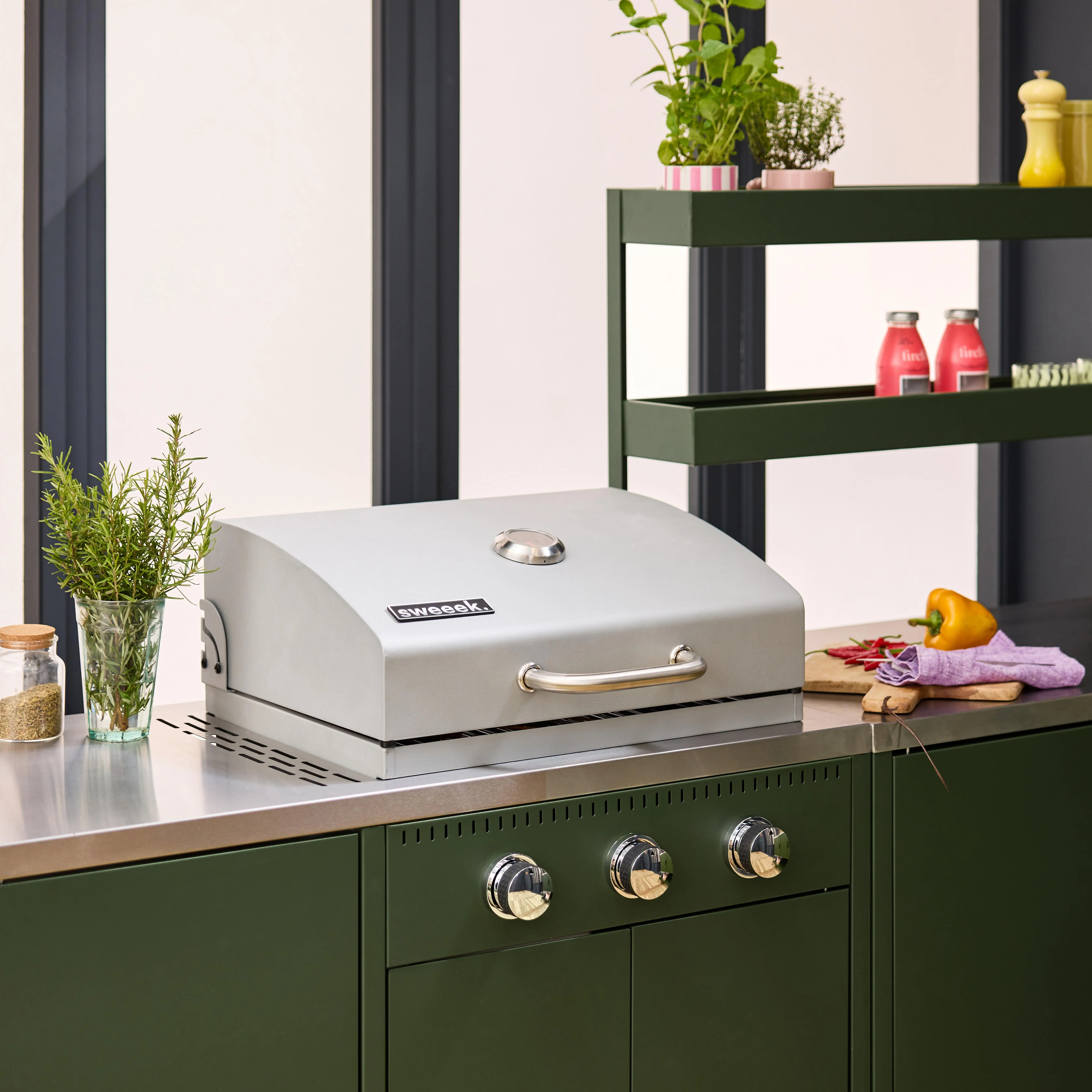 Cuisine d'extérieure 5 modules avec barbecue gaz 3 brûleurs sur pieds, thermomètre